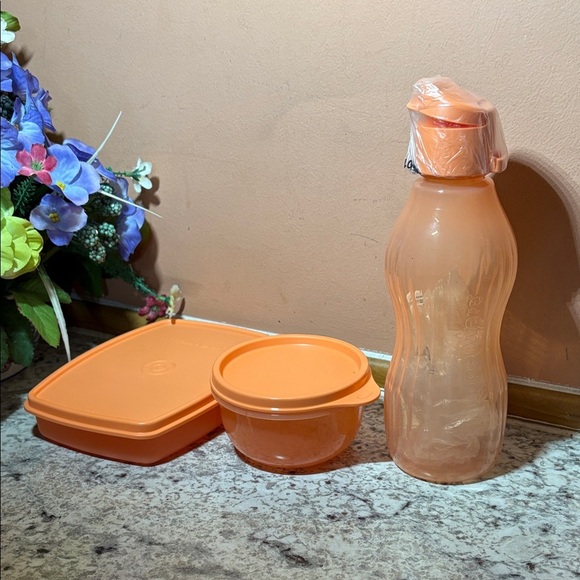 Tupperware Orange Water Bottle and Container Set - Picture 1 of 4